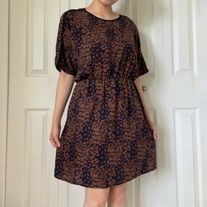 AKIRA Navy & Brown Half-Sleeve Elastic-Waist Dress